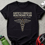 Black t-shirt with "Earth's 2-Wheeled Healthcare Plan" and a caduceus made of bike chain and gears.