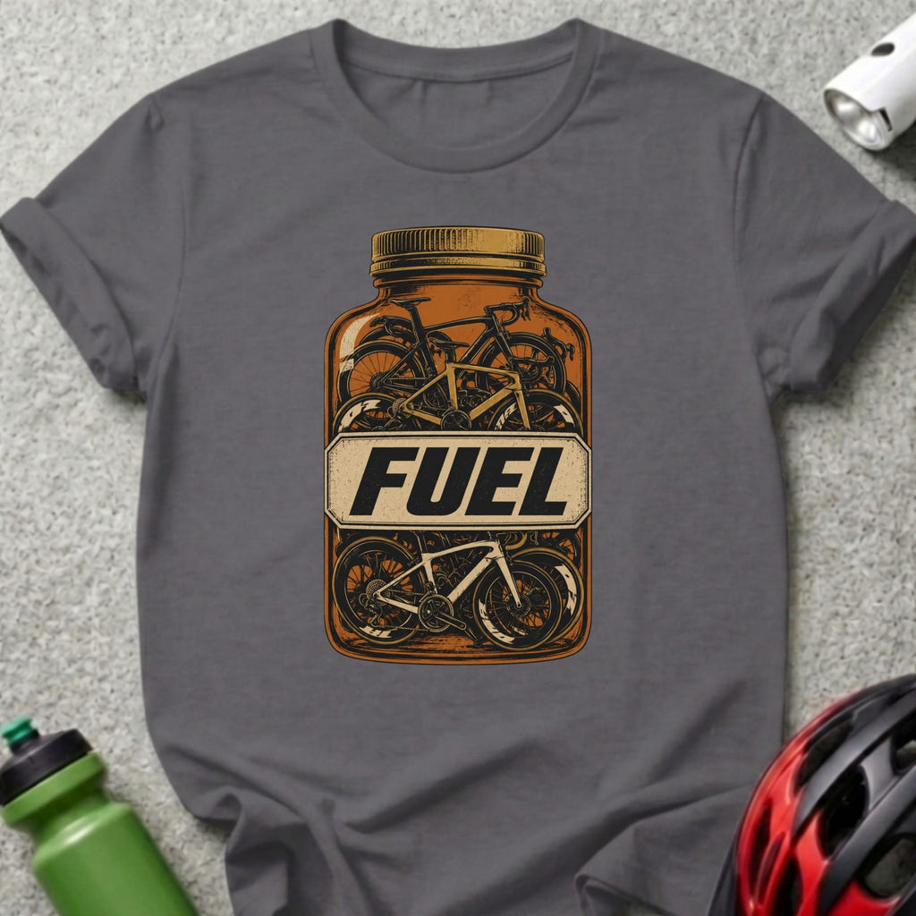 T-shirt graphic of bicycles inside a jar labeled "FUEL".
