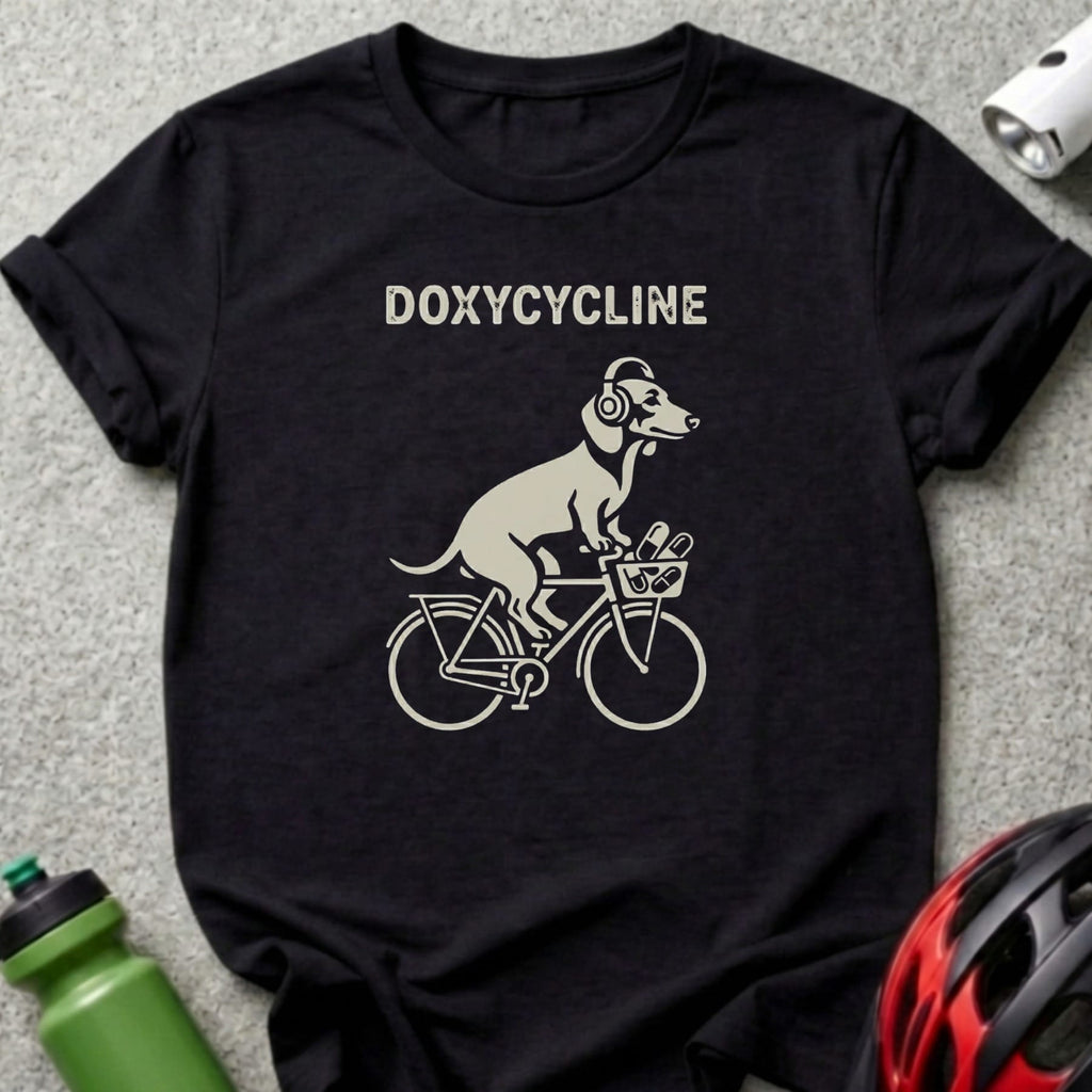 Doxycycline text above a dachshund riding a bicycle wearing headphones.