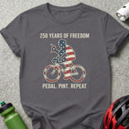 T-shirt with patriotic cyclist drinking from a beer can, "250 Years of Freedom."
