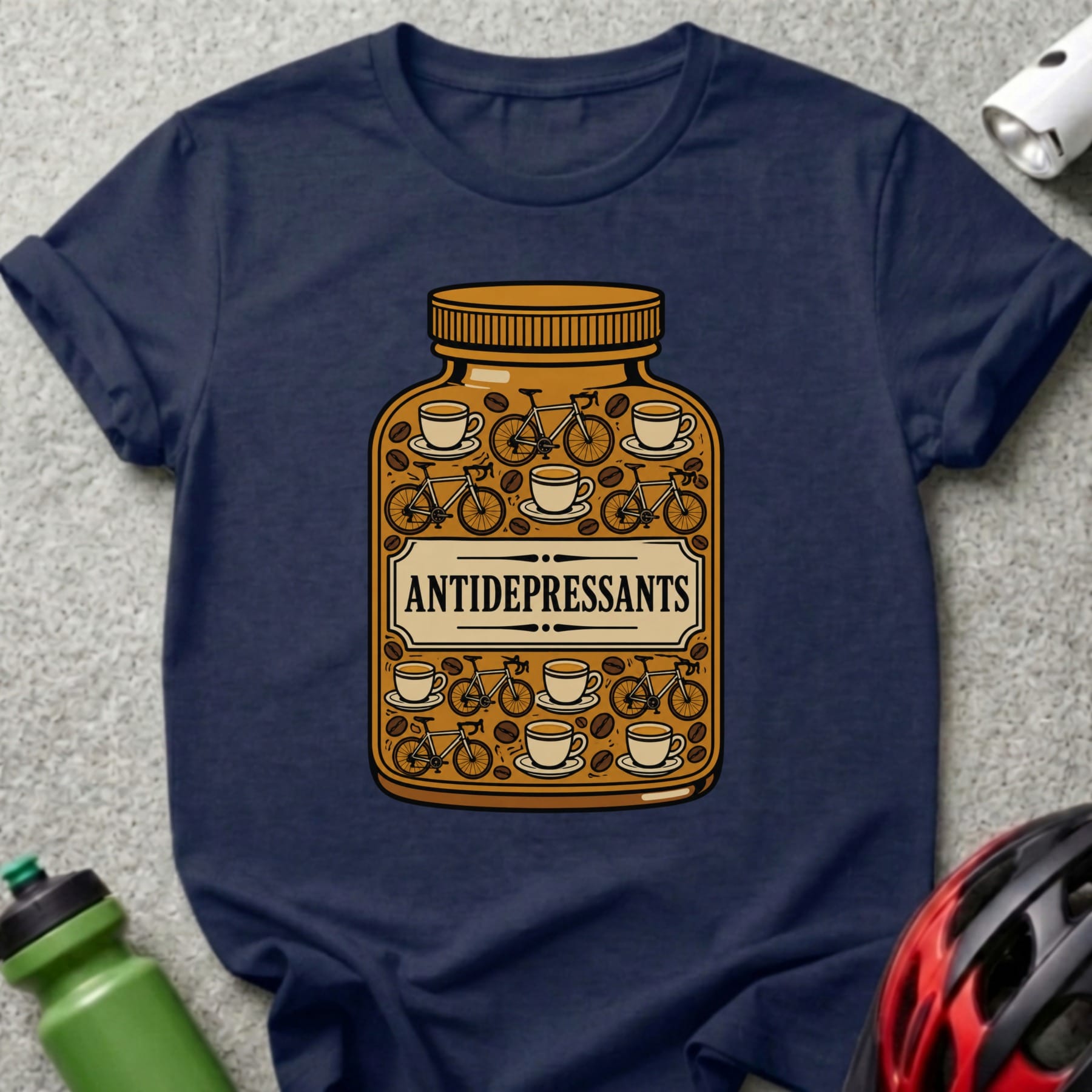 T-shirt with a bottle labeled "Antidepressants" filled with bicycles and coffee cups.