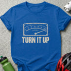 Blue crewneck t-shirt featuring a vintage dial graphic with the words Turn It Up.