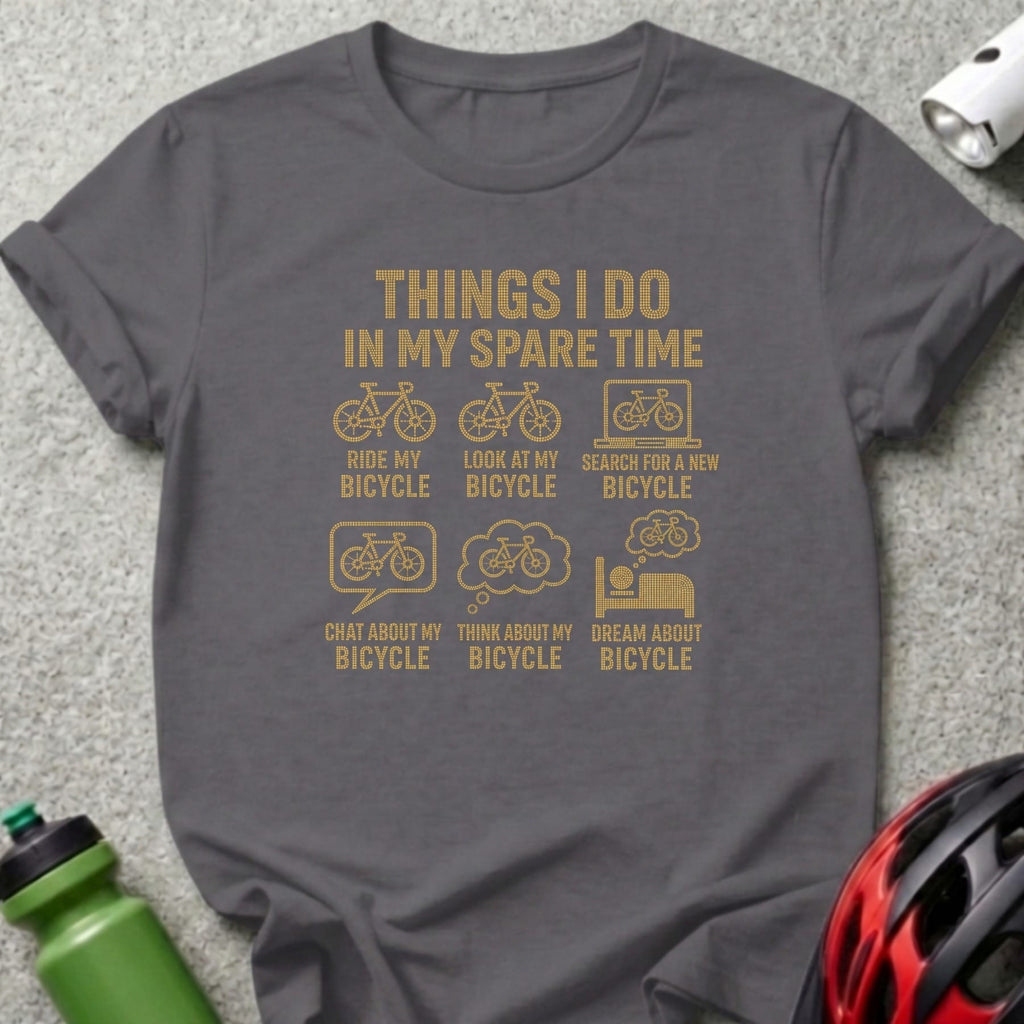 Dark grey t-shirt with "Things I Do In My Spare Time" and bicycle-themed graphics.