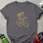 Gray t-shirt with a gold cyclist graphic and cycling accessories.