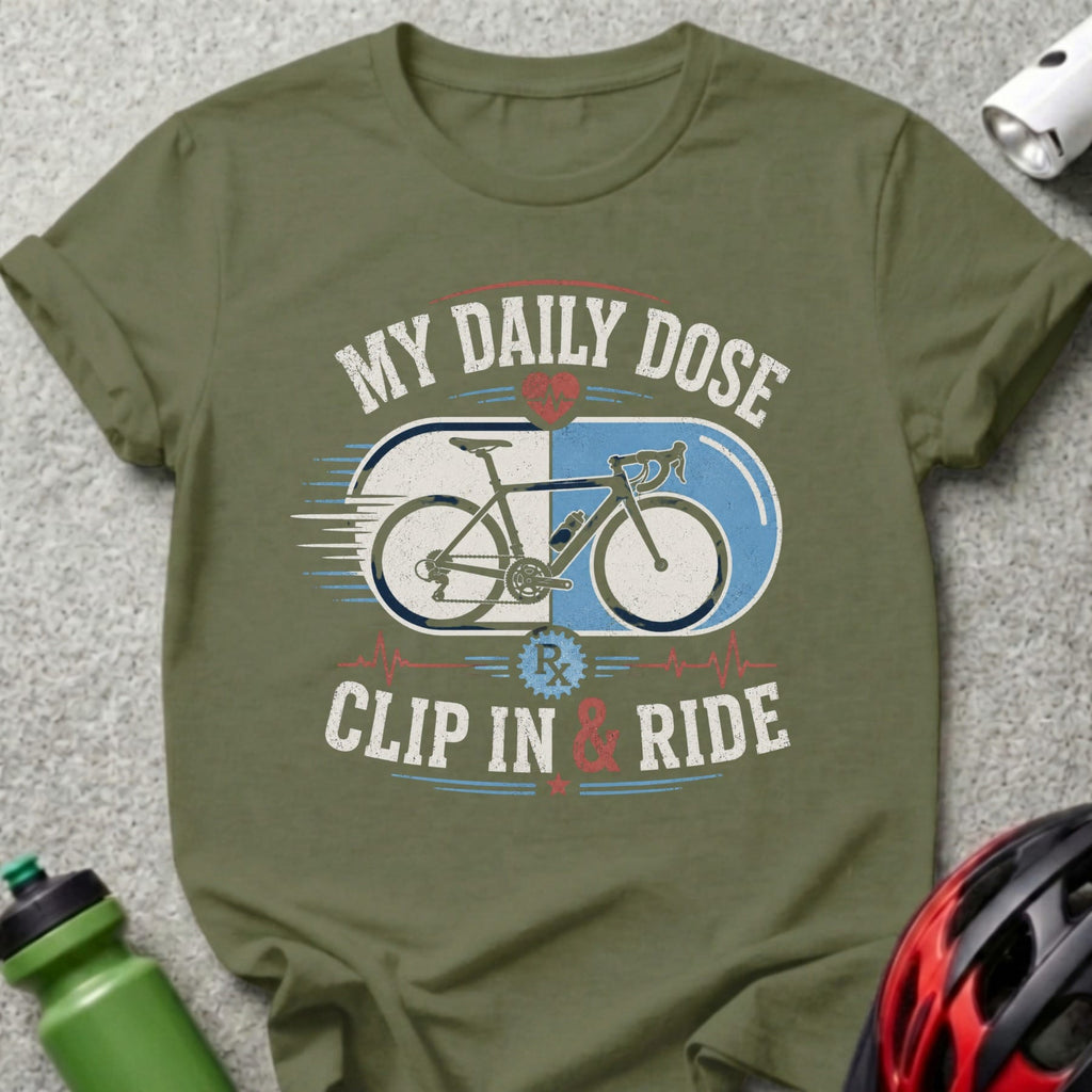 Olive green t-shirt with "MY DAILY DOSE CLIP IN & RIDE" and bicycle graphic.