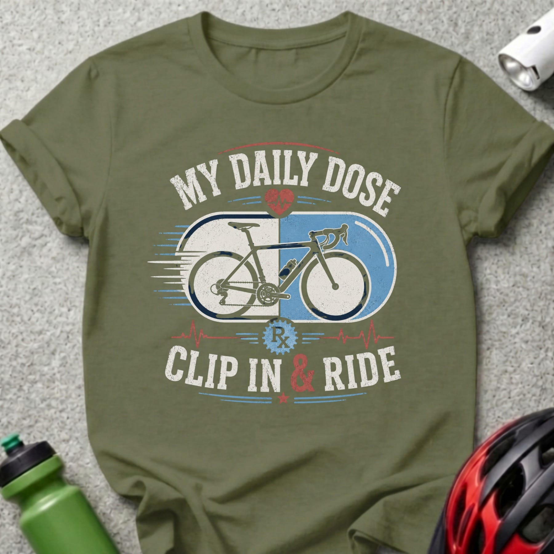 Olive green t-shirt with "MY DAILY DOSE CLIP IN & RIDE" and bicycle graphic.