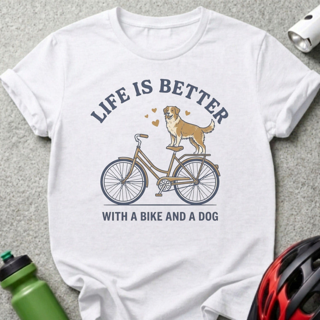White t-shirt with "Life is Better With a Bike and a Dog" text and dog on bicycle graphic.