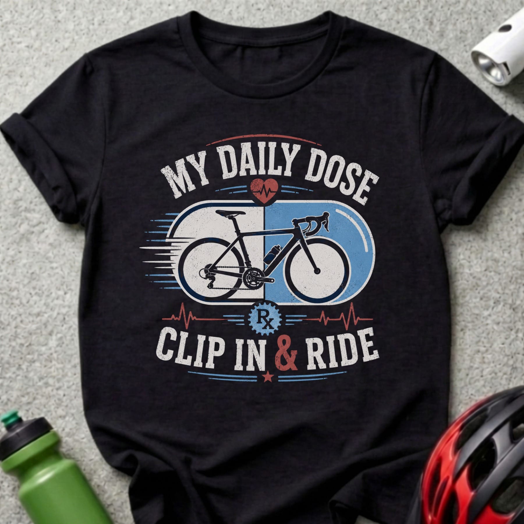 Black t-shirt with "My Daily Dose Clip In & Ride" text and bicycle illustration.