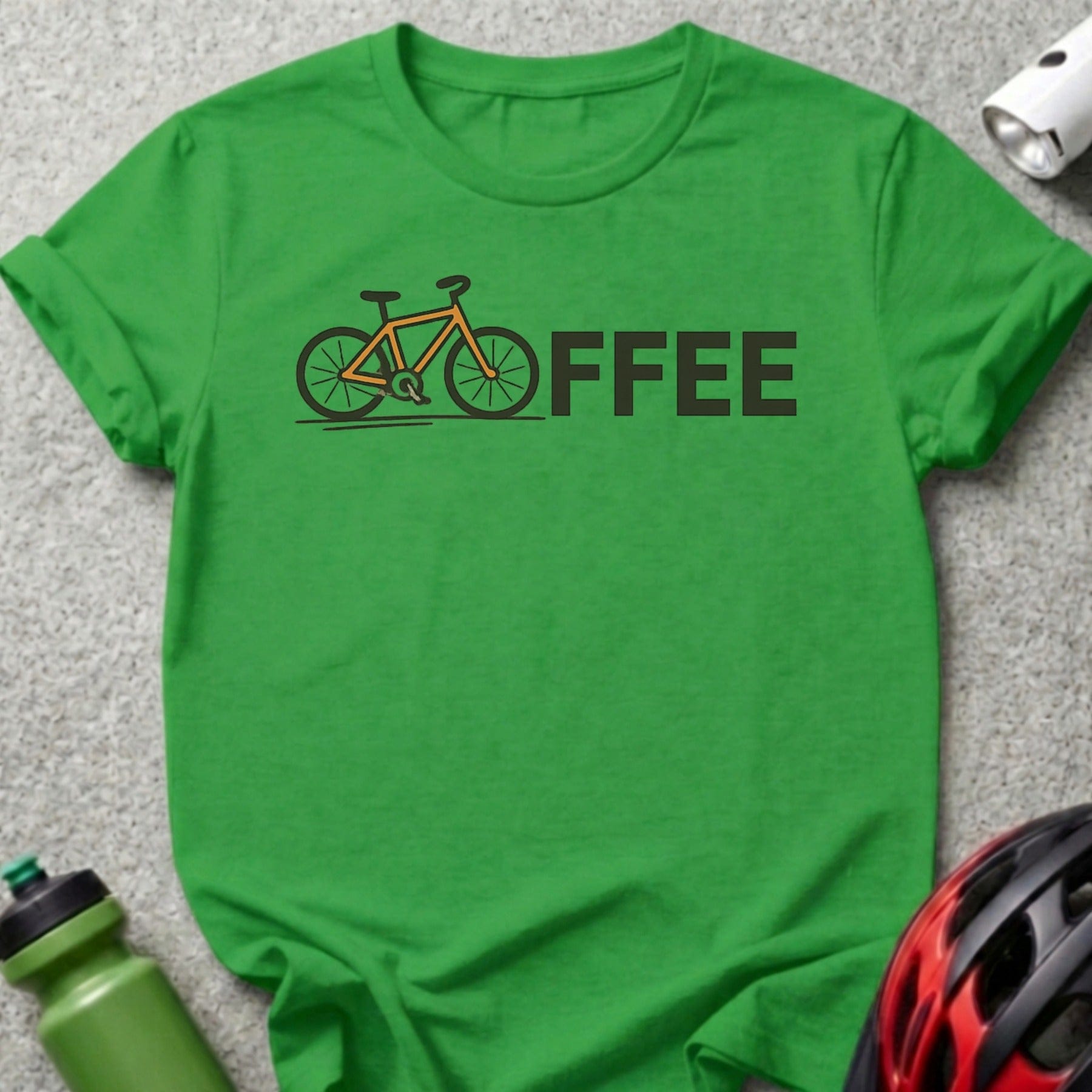 Green t-shirt with a bicycle and the text "OFFEE".