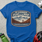 Blue t-shirt with "IT LOOKED FLAT ON THE MAP" graphic and mountain biker.