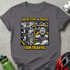 T-shirt with cyclist and frustrated driver graphic, text "YOU'RE STUCK IN TRAFFIC I AM TRAFFIC".