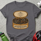 T-shirt with a tin labeled "ANTIDEPRESSANTS" filled with bicycles.