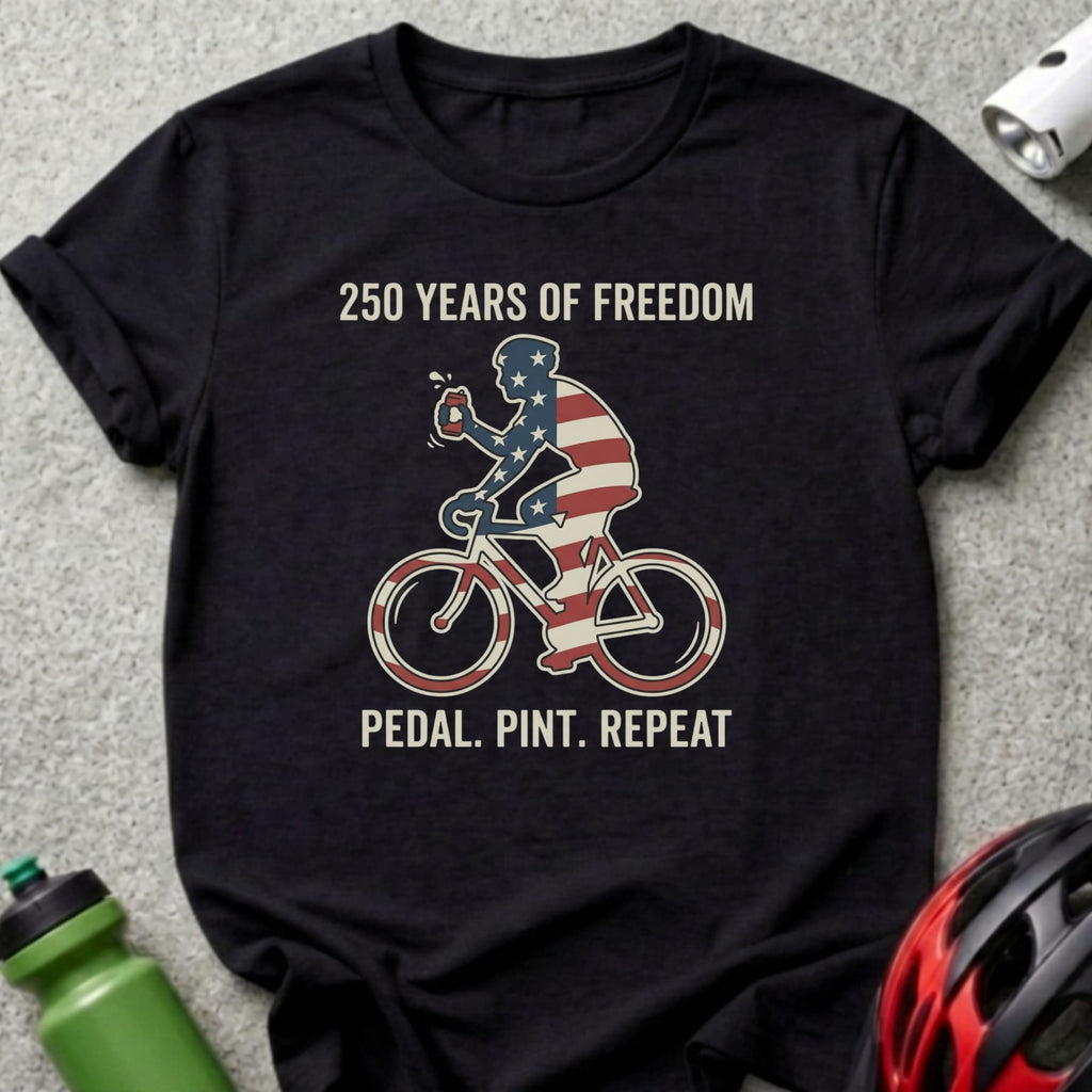 Black t-shirt with "250 Years of Freedom" and cyclist graphic.