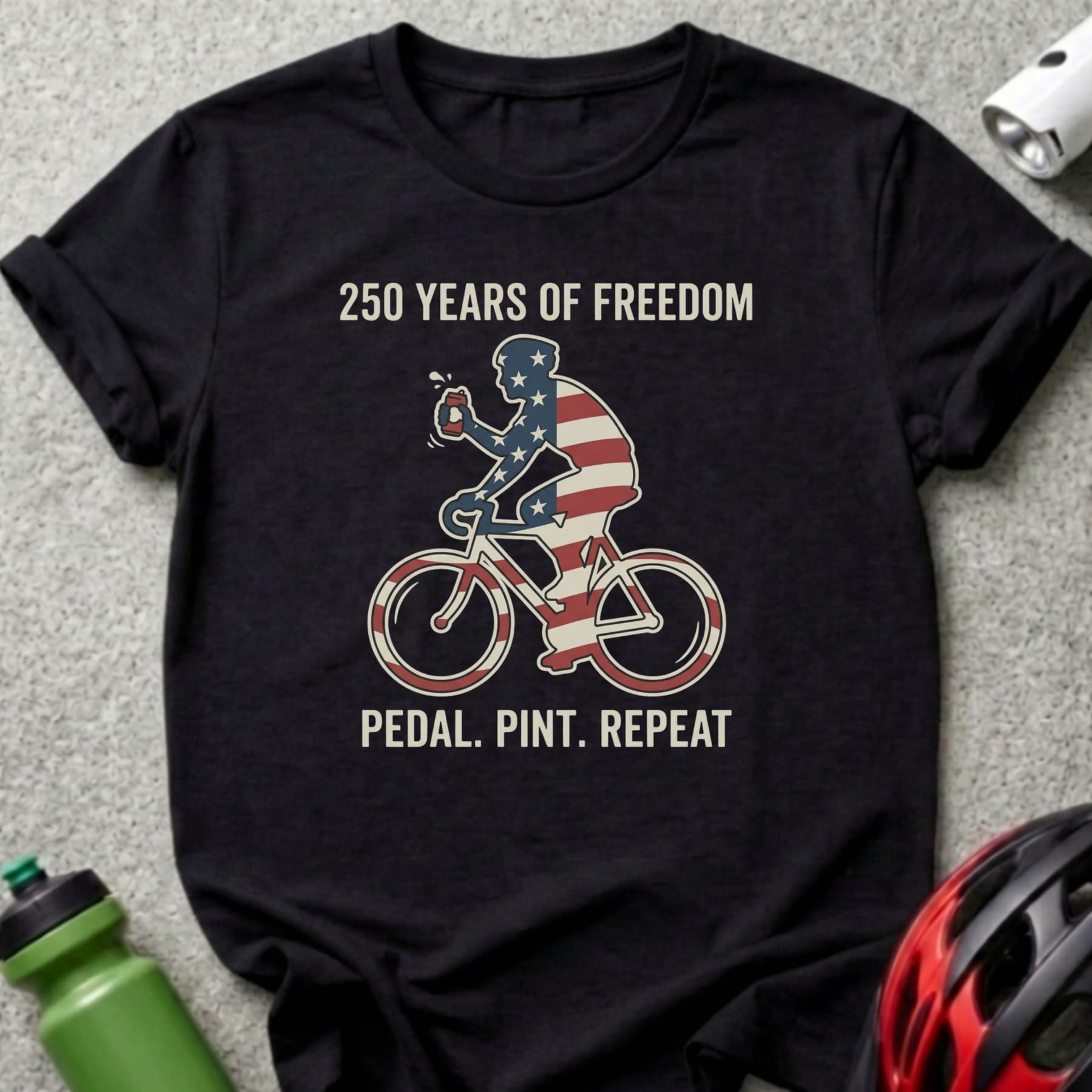 Black t-shirt with "250 Years of Freedom" and cyclist graphic.