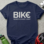 Dark blue t-shirt with "BIK€ WORTH EVERY CENT" graphic.
