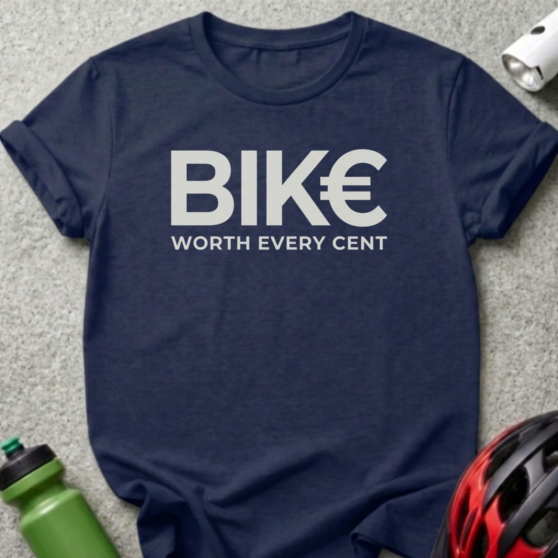Dark blue t-shirt with "BIK€ WORTH EVERY CENT" graphic.