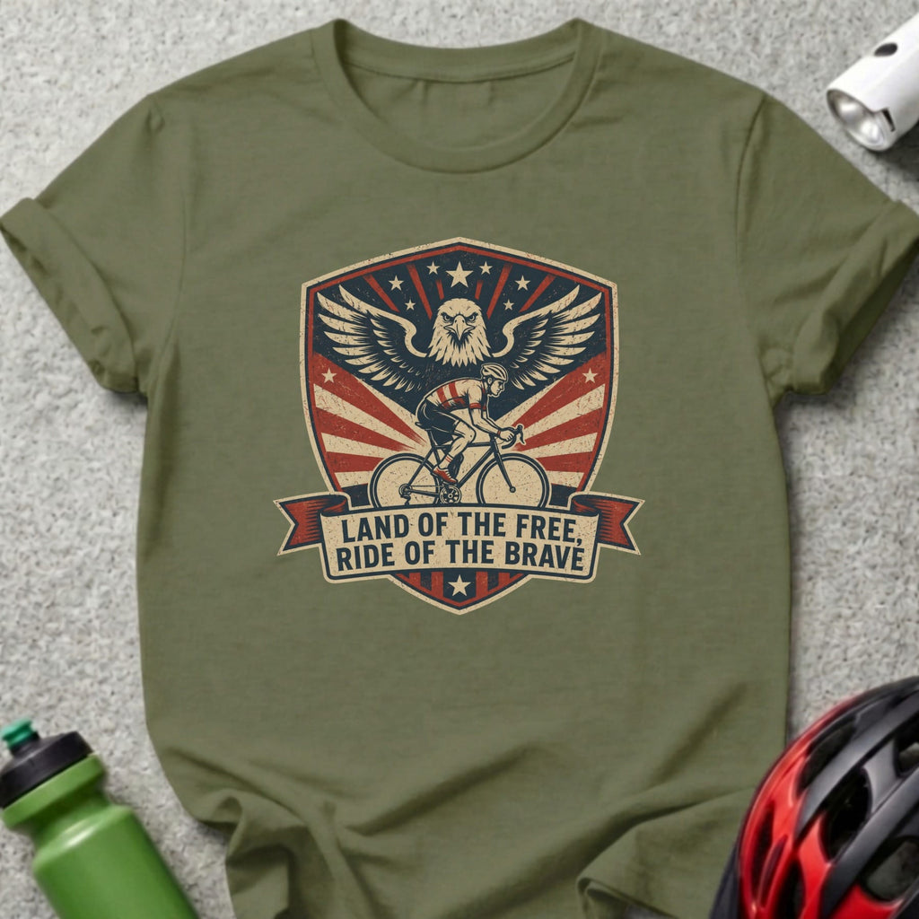 Olive green t-shirt with patriotic eagle and cyclist graphic.