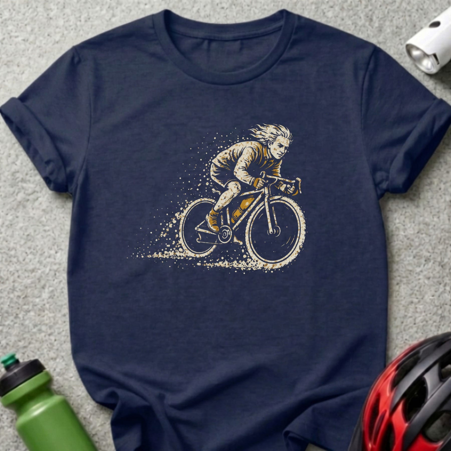 Illustration of a person riding a bicycle with dust trails.
