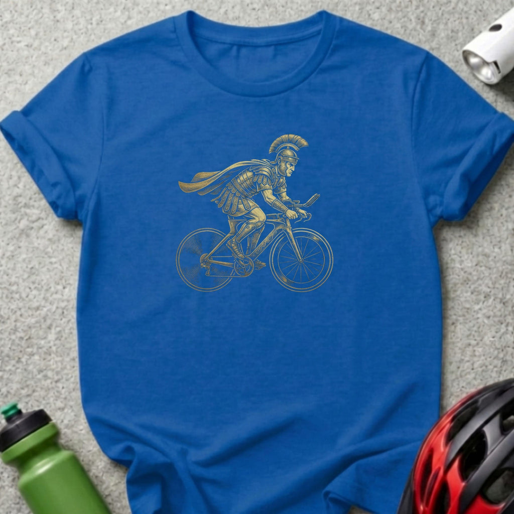 Gold illustration of a Roman soldier in armor riding a bicycle.