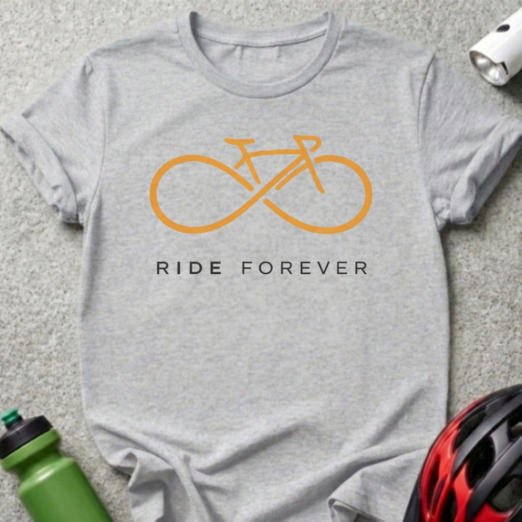 Gray t-shirt with orange bicycle and infinity symbol, text "RIDE FOREVER".
