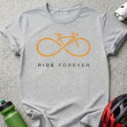 Gray t-shirt with orange bicycle and infinity symbol, text "RIDE FOREVER".