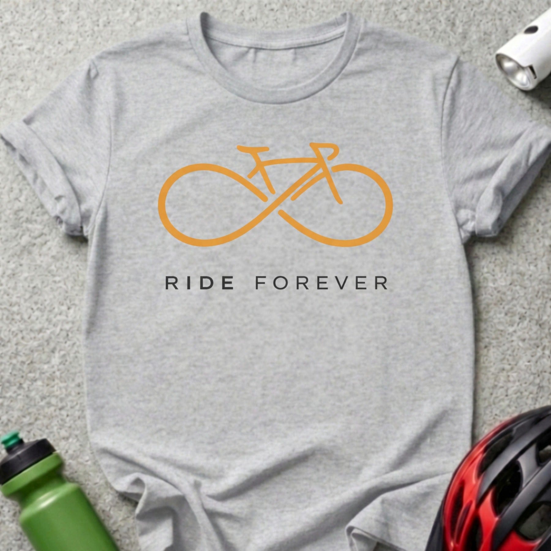 Gray t-shirt with orange bicycle and infinity symbol, text "RIDE FOREVER".