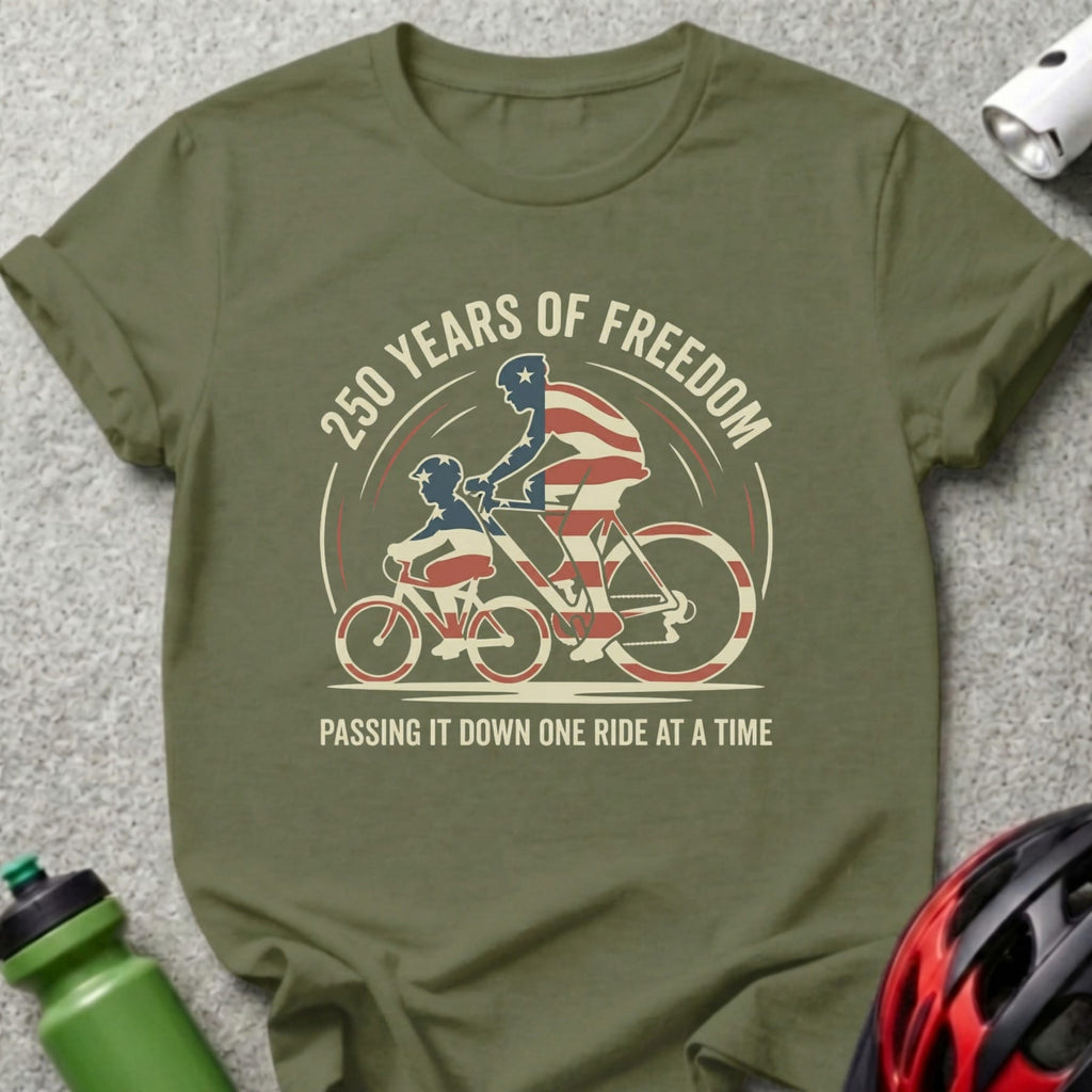 Olive green t-shirt with "250 Years of Freedom" and cyclists graphic.