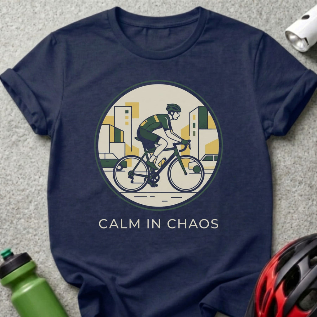 Navy t-shirt with cyclist graphic and "CALM IN CHAOS" text.